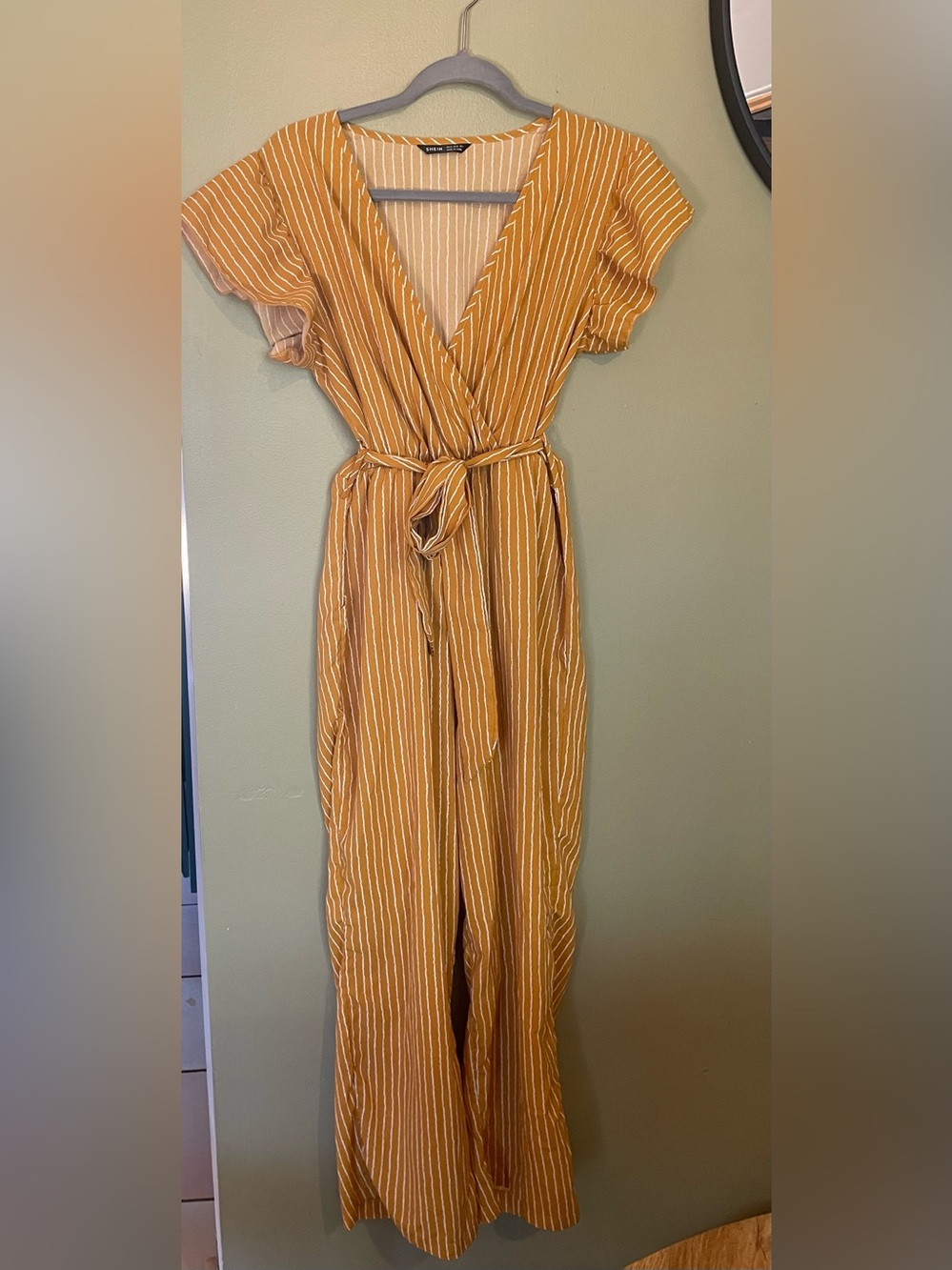 SHEIN Yellow Striped Wrap-Style Jumpsuit